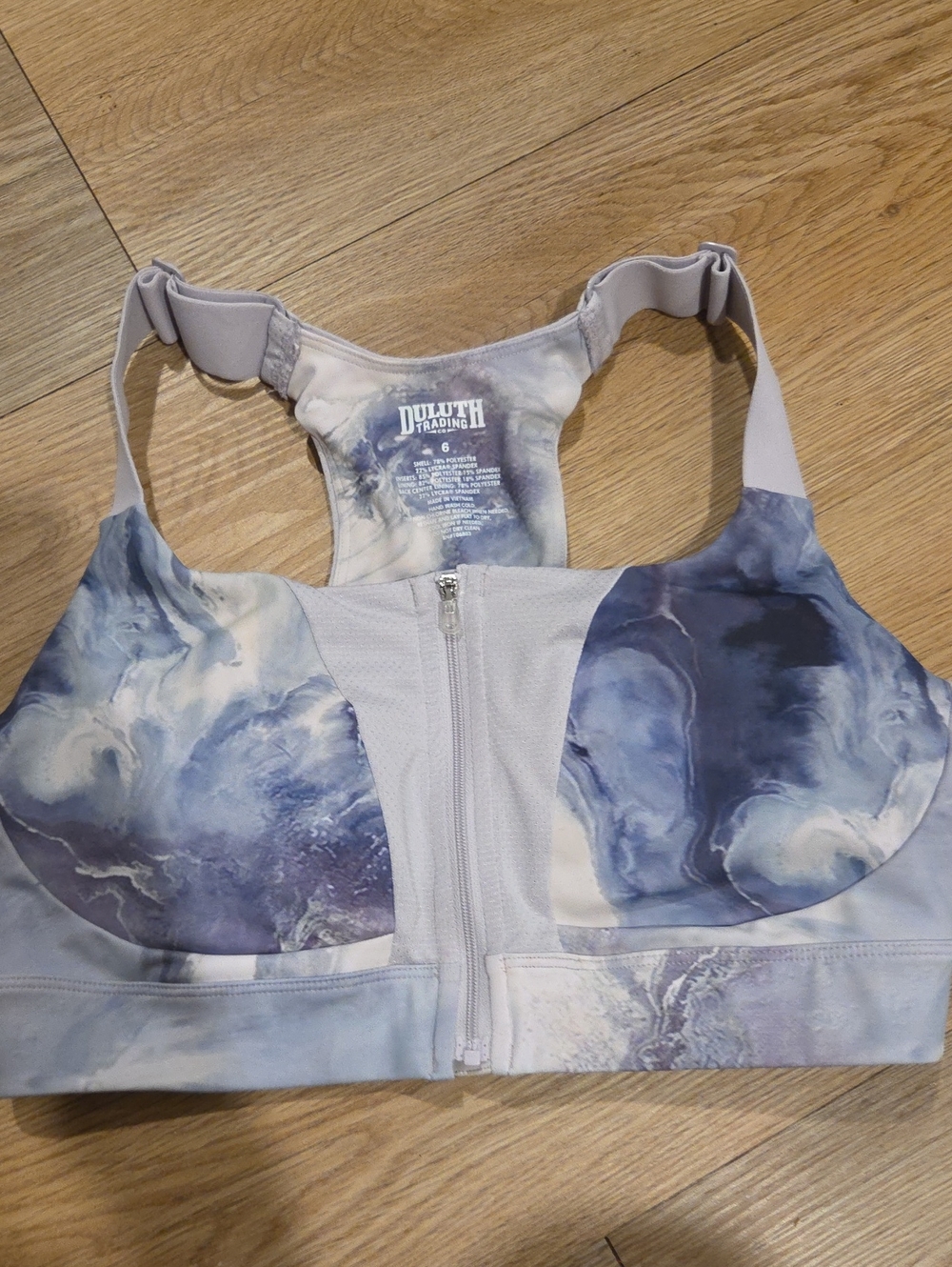 Duluth Trading Co Marble-Print Front-Zip Sports Bra in Blue and White